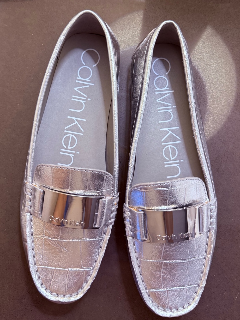 Calvin Klein Women’s Metallic Silver Croc-Embossed Slip-On Loafers